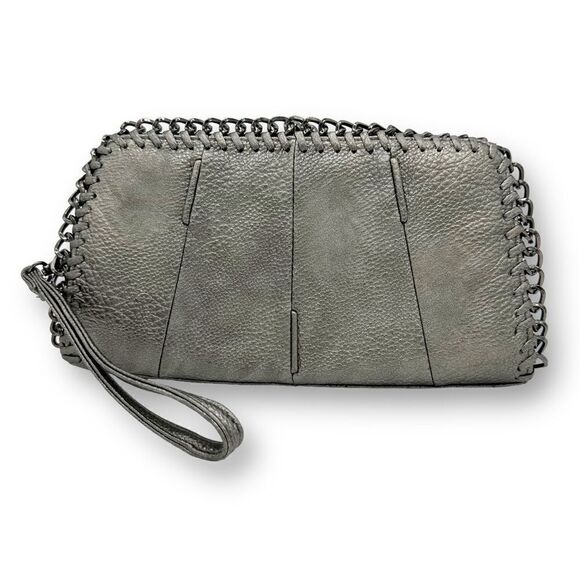 Big-buddha Pewter/Metallic Clutch With Chain Accent Wristlet Vegan Leather - Picture 1 of 11